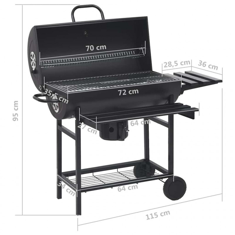 Grill beczkowy z kółkami i półkami, czarny, stal, 115x85x95 cm