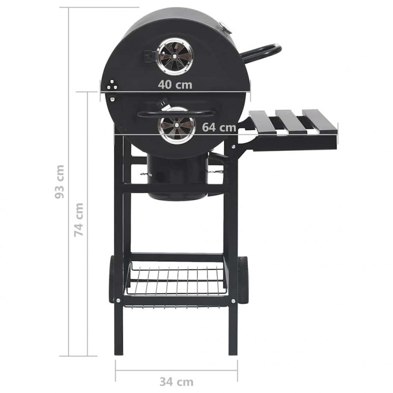 Grill beczkowy z kółkami i półkami, czarny, stal, 115x85x95 cm