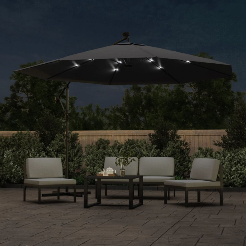 Parasol ogrodowy z LED, wiszący, czarny, 350 cm