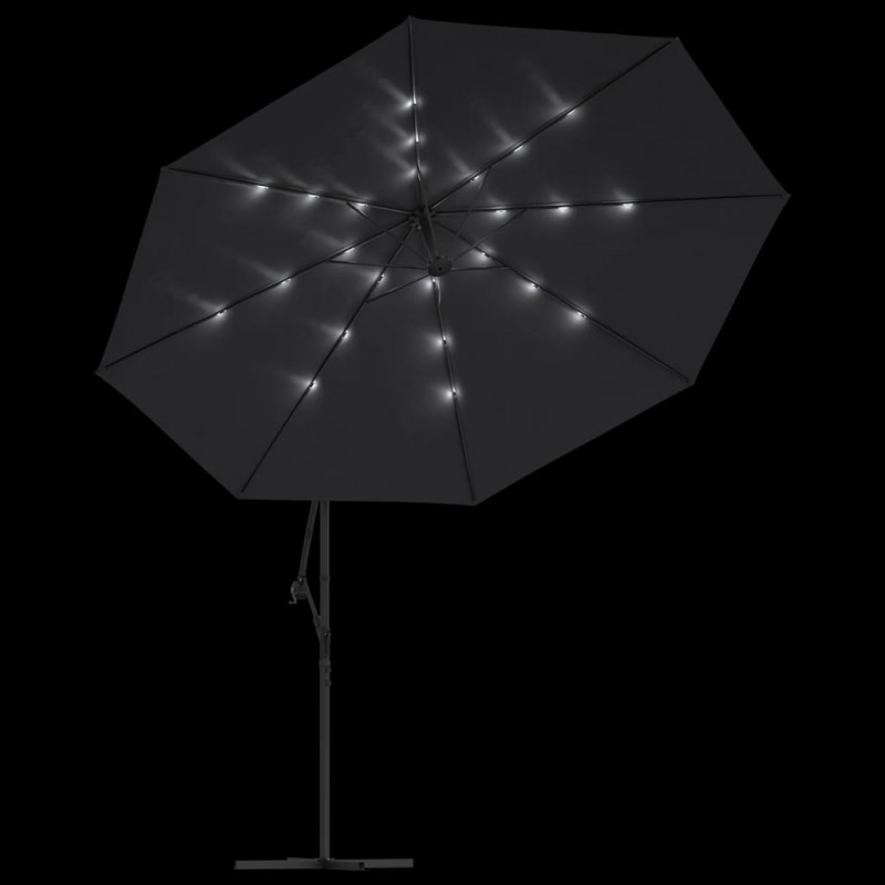 Parasol ogrodowy z LED, wiszący, czarny, 350 cm