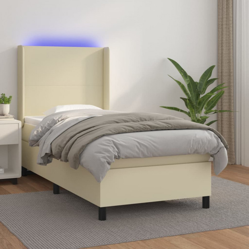 Łóżko kontynentalne z LED, materac, kremowe, ekoskóra 90x190 cm