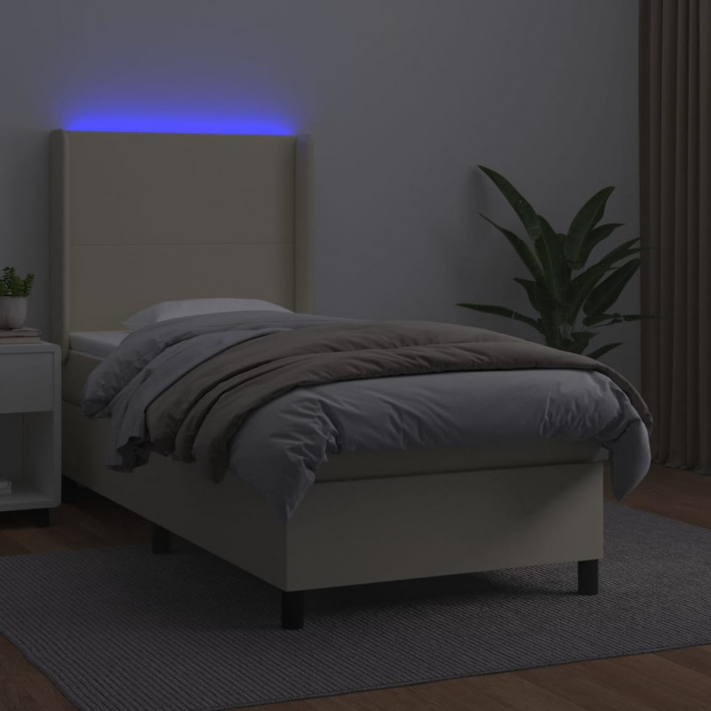 Łóżko kontynentalne z LED, materac, kremowe, ekoskóra 90x190 cm