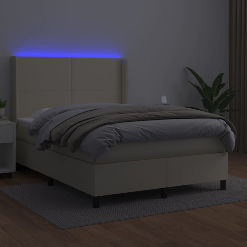 Łóżko kontynentalne z LED, materac, kremowe, ekoskóra 140x190cm