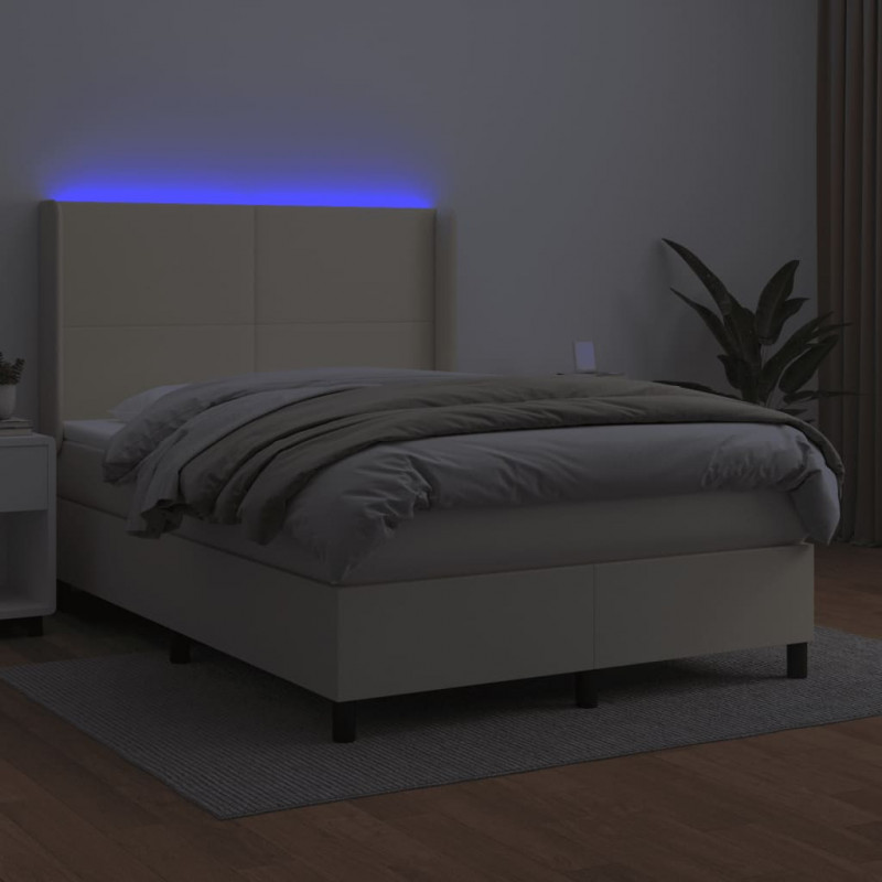 Łóżko kontynentalne z LED, materac, kremowe, ekoskóra 140x200cm