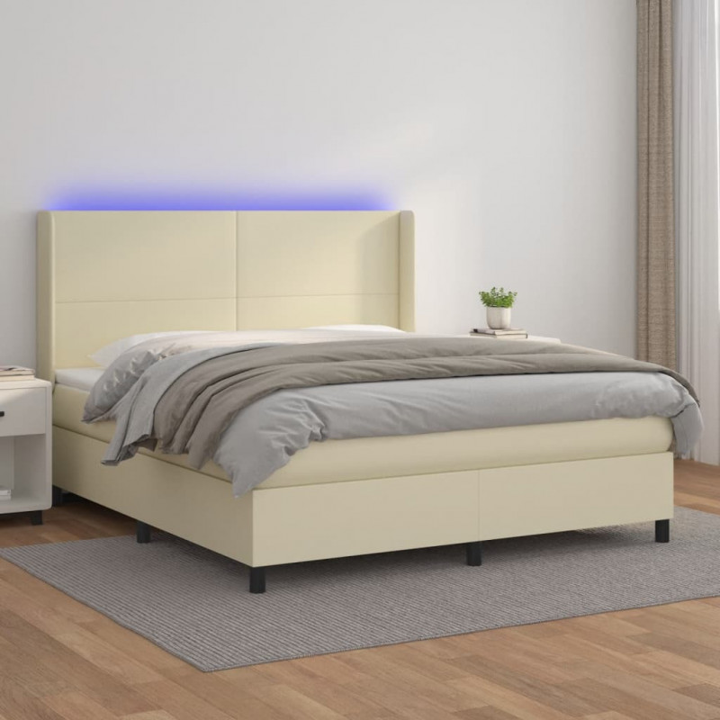 Łóżko kontynentalne z LED, materac, kremowe, ekoskóra 180x200cm