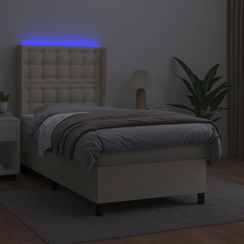 Łóżko kontynentalne z LED, materac, kremowe, ekoskóra 90x200 cm