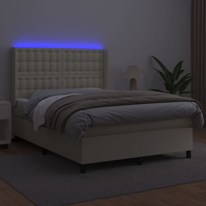 Łóżko kontynentalne z LED, materac, kremowe, ekoskóra 140x190cm