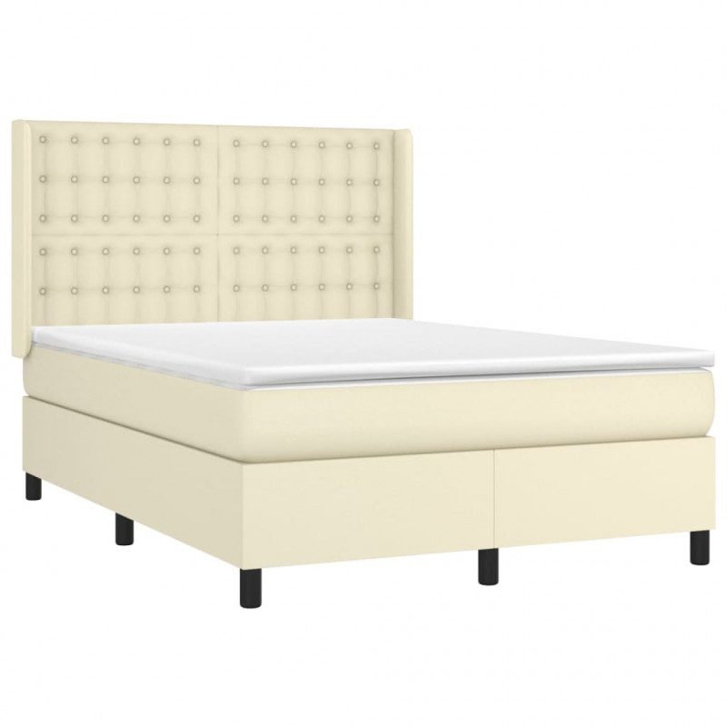 Łóżko kontynentalne z LED, materac, kremowe, ekoskóra 140x190cm