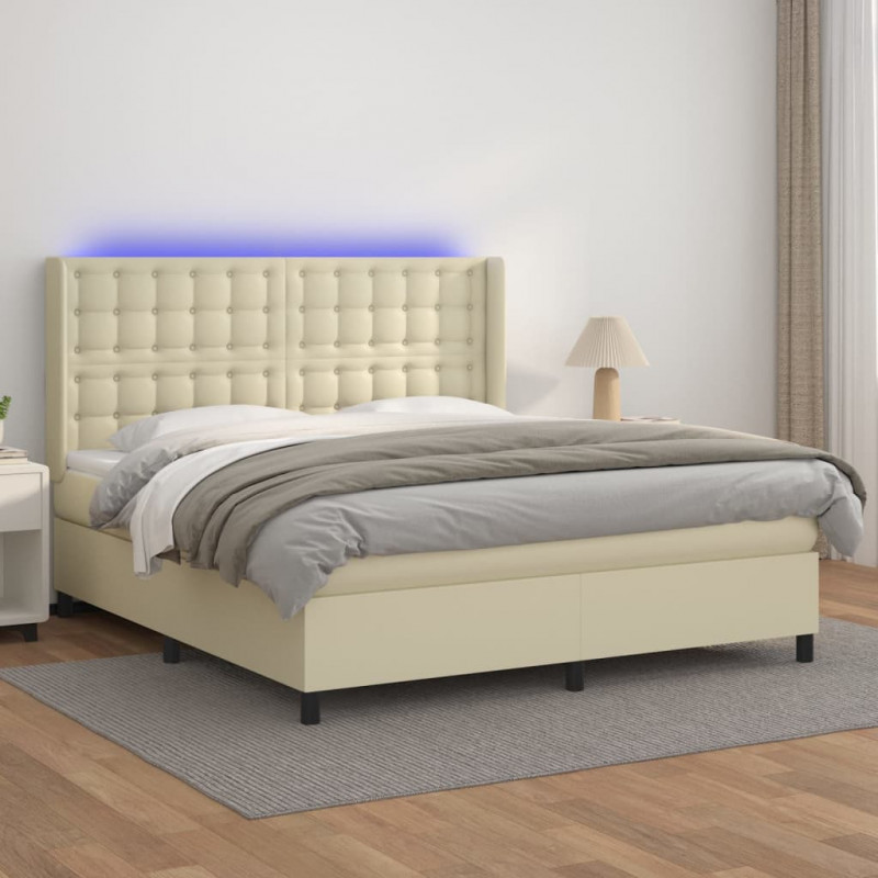 Łóżko kontynentalne z LED, materac, kremowe, ekoskóra 180x200cm