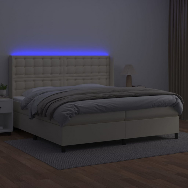 Łóżko kontynentalne z LED, materac, kremowe, ekoskóra 200x200cm
