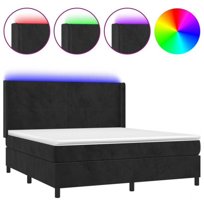 Łóżko kontynentalne z materacem i LED, czarny aksamit 180x200cm