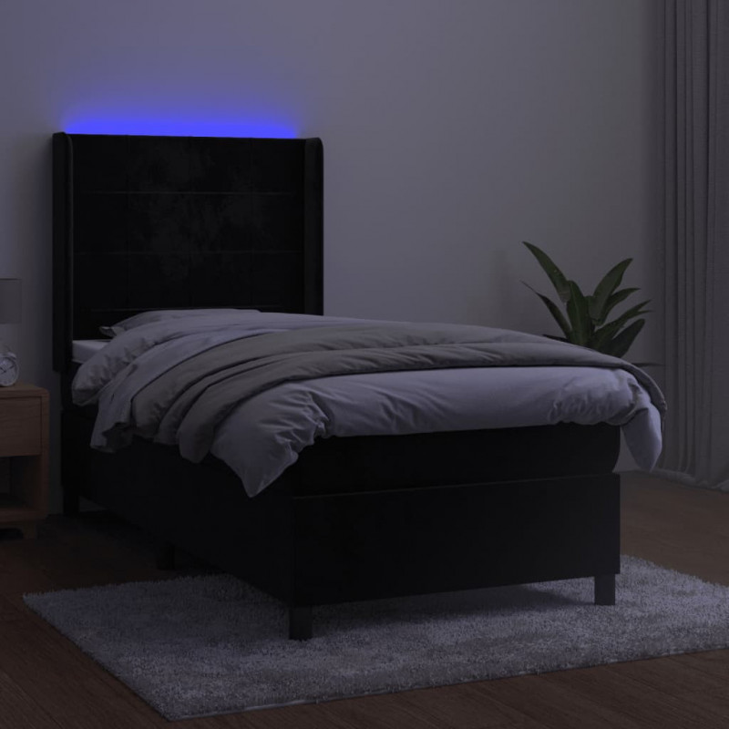 Łóżko kontynentalne z materacem i LED, czarny aksamit 90x200 cm