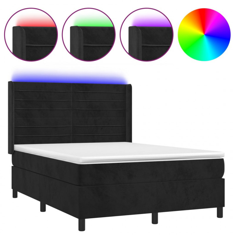 Łóżko kontynentalne z materacem i LED, czarny aksamit 140x190cm