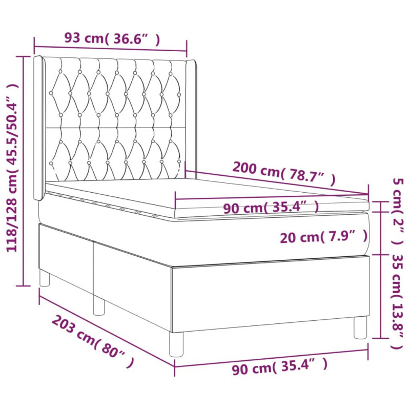 Łóżko kontynentalne z materacem i LED, czarny aksamit 90x200 cm