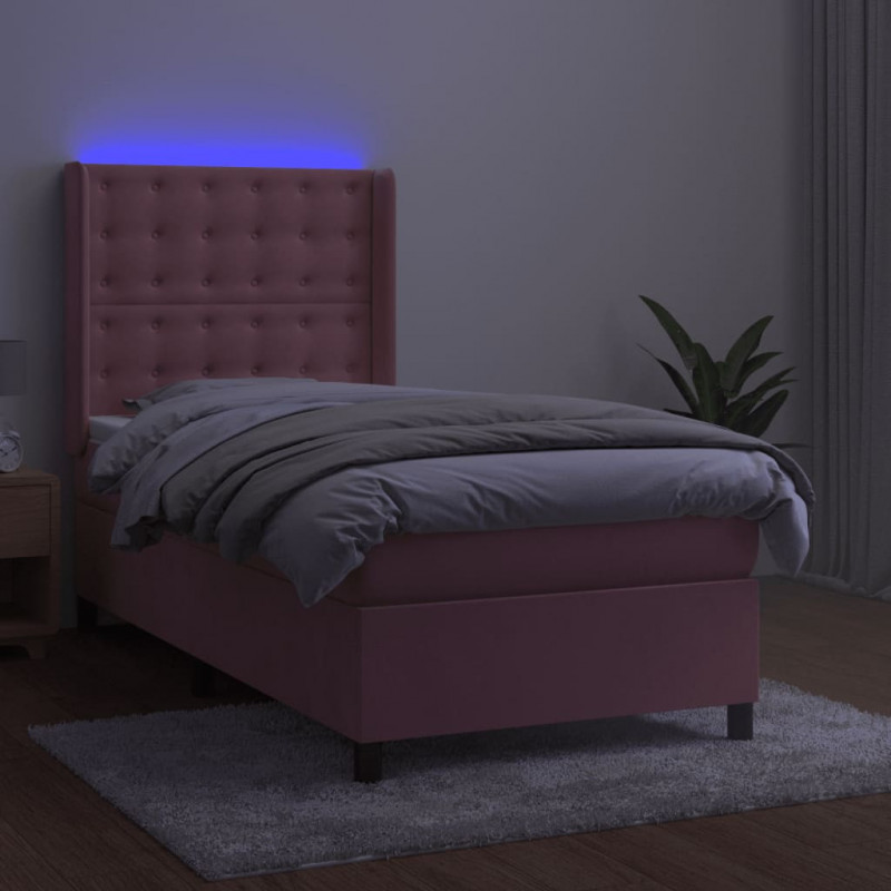 Łóżko kontynentalne z materacem i LED, różowy aksamit 80x200 cm