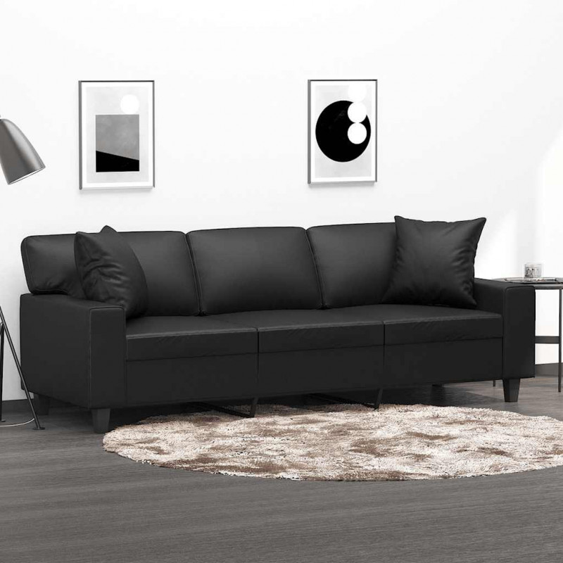 3-osobowa sofa z poduszkami, czarna, 180 cm, sztuczna skóra