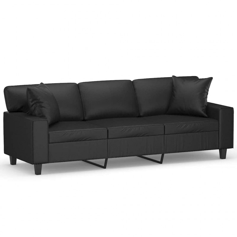 3-osobowa sofa z poduszkami, czarna, 180 cm, sztuczna skóra