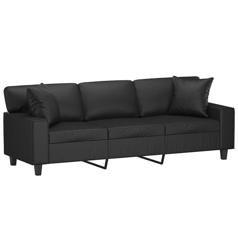 3-osobowa sofa z poduszkami, czarna, 180 cm, sztuczna skóra