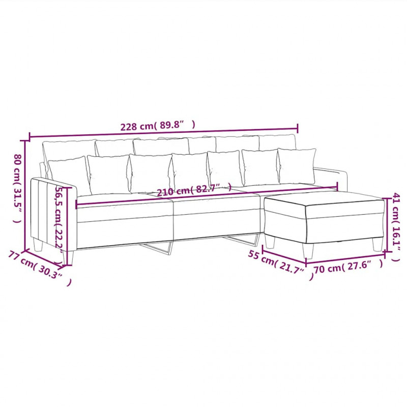 3-osobowa sofa z podnóżkiem, jasnoszary, 210 cm, tkaniną