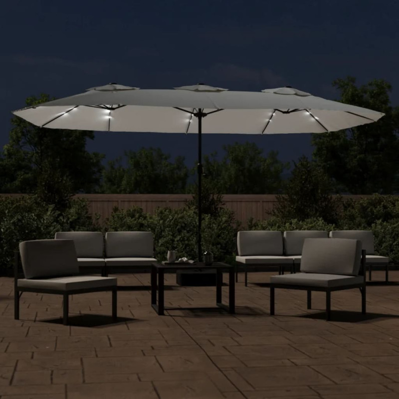 Podwójny parasol ogrodowy z LED, piaskowy, 449x245 cm