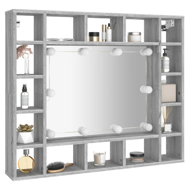 Szafka z lustrem i LED, szary dąb sonoma, 91x15x76,5 cm