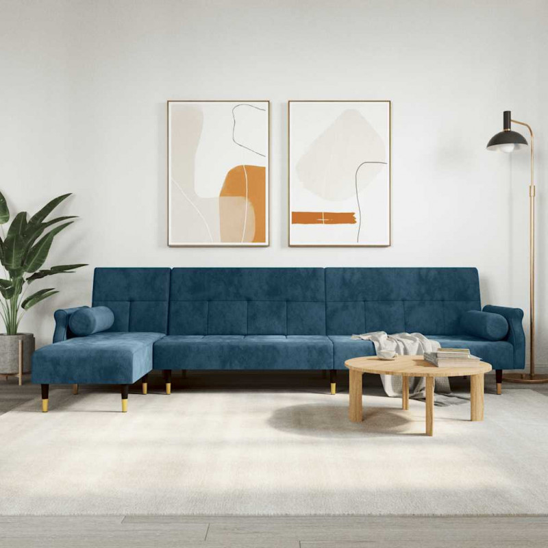 Sofa rozkładana L, niebieska, 271x140x70 cm, aksamit