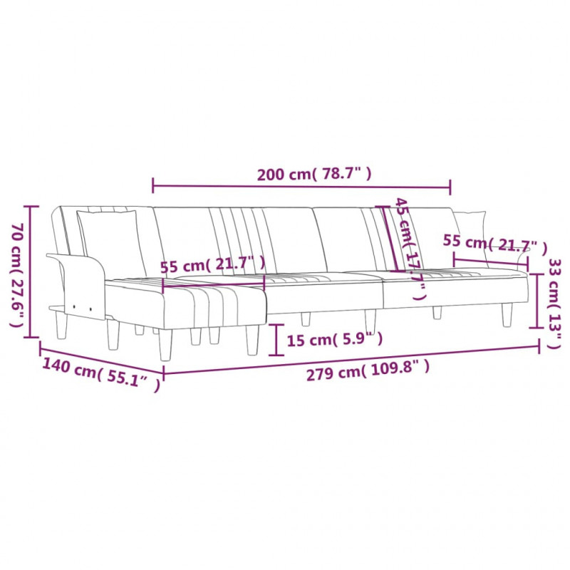 Sofa rozkładana L, czarna, 279x140x70 cm, tkanina