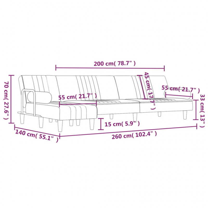 Sofa rozkładana L, jasnoszara, 260x140x70 cm, aksamit