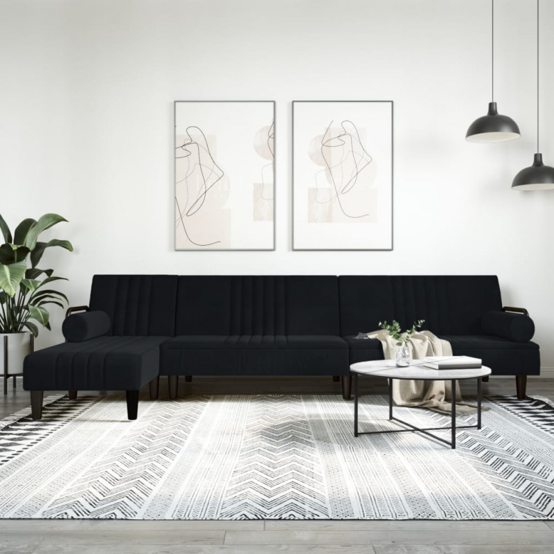 Sofa rozkładana L, czarna, 260x140x70 cm, aksamit