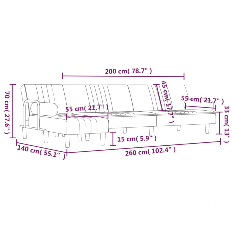 Sofa rozkładana L, czarna, 260x140x70 cm, aksamit