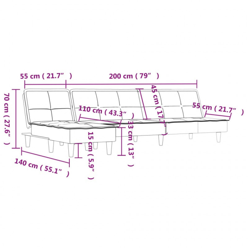 Sofa rozkładana L, jasnoszara, 255x140x70 cm, tkanina