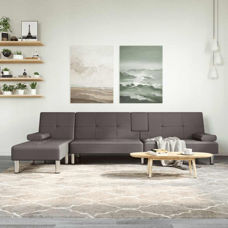 Sofa rozkładana L, szara, 255x140x70, sztuczna skóra