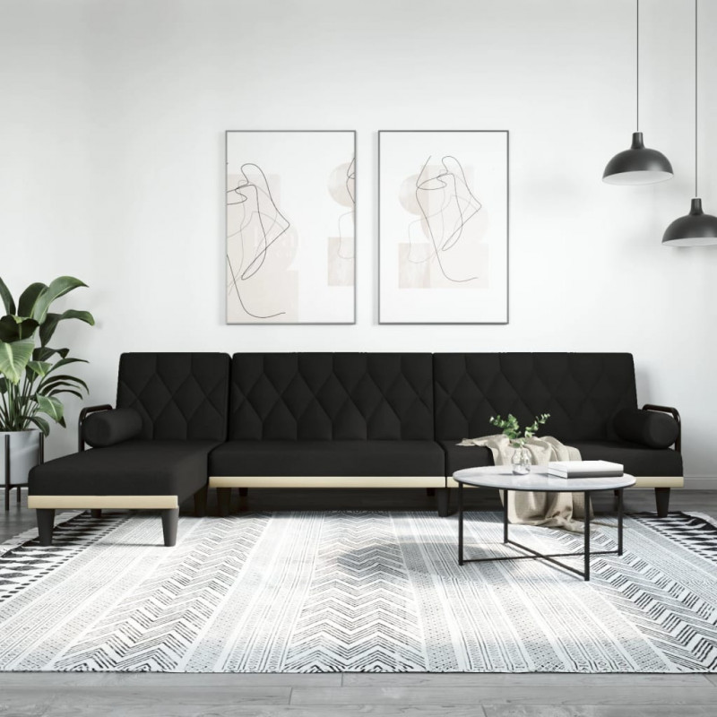 Sofa rozkładana w kształcie L, czarna, 260x140x70 cm, tkanina