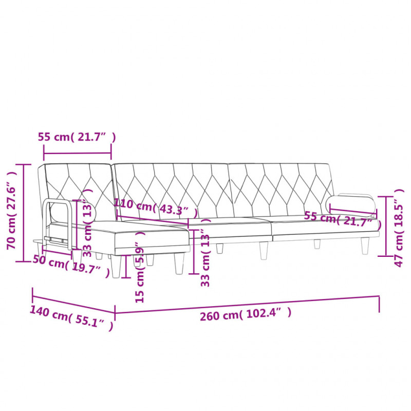 Sofa rozkładana w kształcie L, czarna, 260x140x70 cm, tkanina