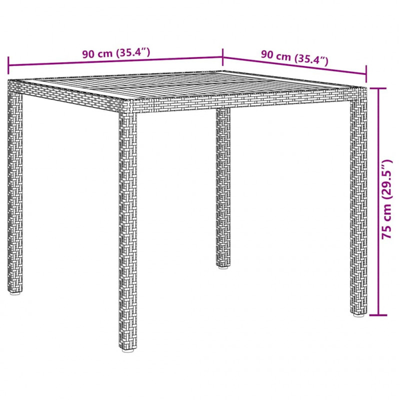 Stół ogrodowy, 90x90x75 cm, czarny rattan PE i drewno akacjowe