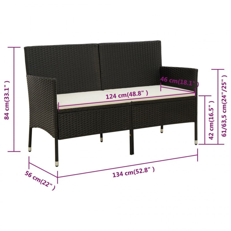 3-osobowa sofa ogrodowa z poduszką, czarna, polirattan