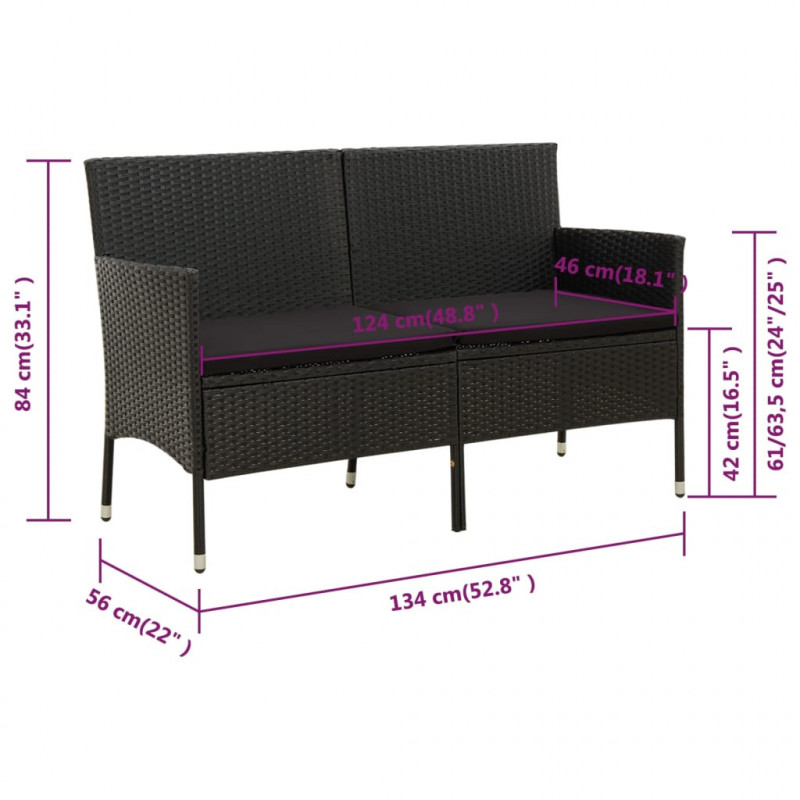 3-osobowa sofa ogrodowa z poduszką, czarna, polirattan