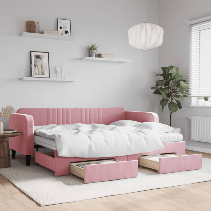 Sofa rozsuwana z szufladami, różowa, 80x200 cm, aksamit