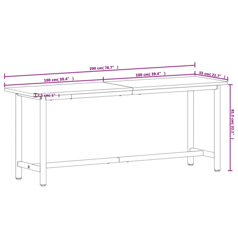 Stół roboczy, 200x55x81,5 cm, lite drewno bukowe i metal