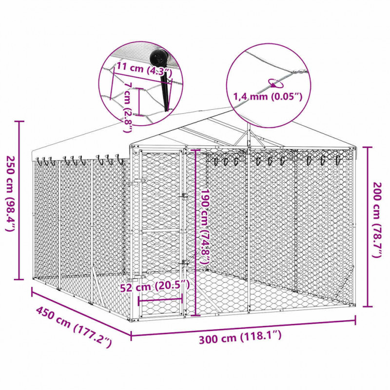 Kojec dla psa, z dachem, srebrny, 3x4,5x2,5 m, stal