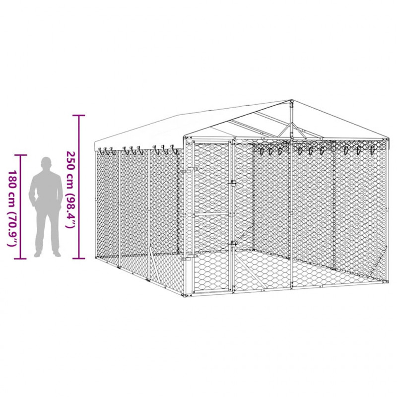 Kojec dla psa, z dachem, srebrny, 3x4,5x2,5 m, stal