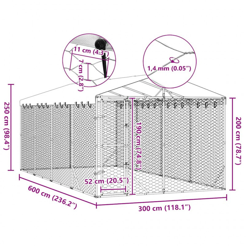 Kojec dla psa, z dachem, srebrny, 3x6x2,5 m, stal galwanizowana