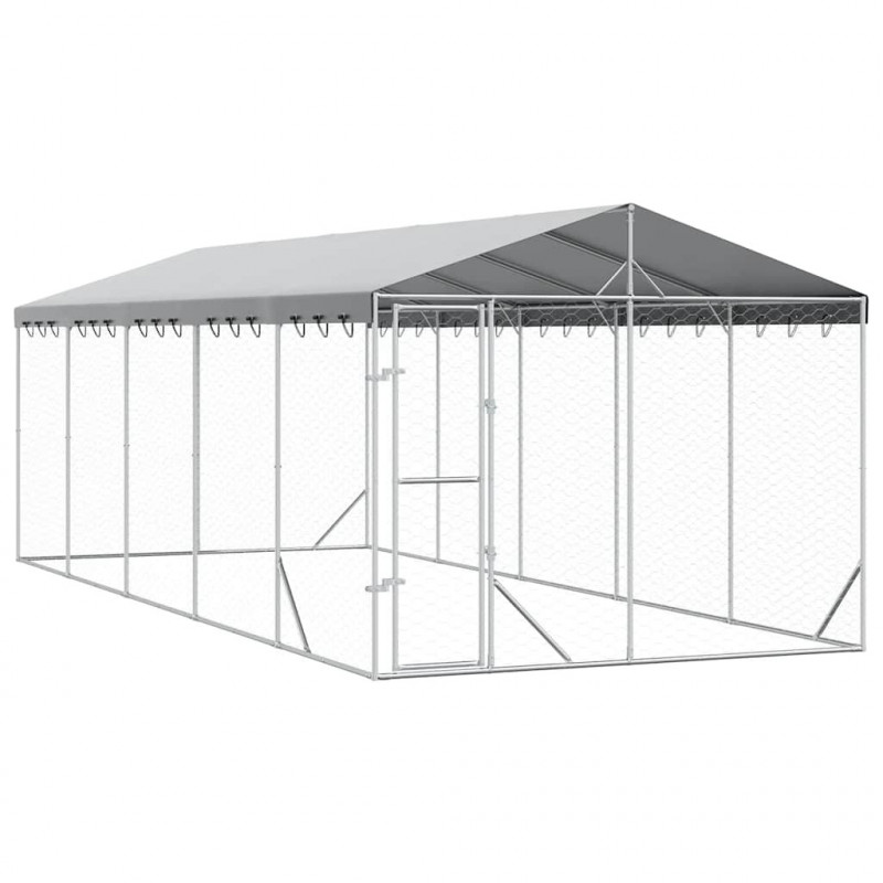 Kojec dla psa, z dachem, srebrny, 3x7,5x2,5 m, stal