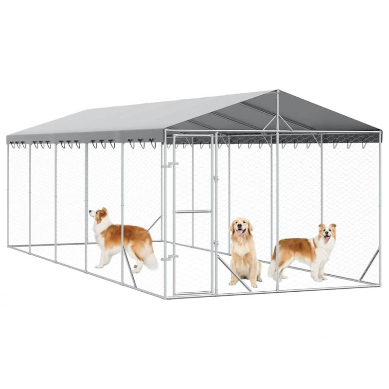 Kojec dla psa, z dachem, srebrny, 3x7,5x2,5 m, stal