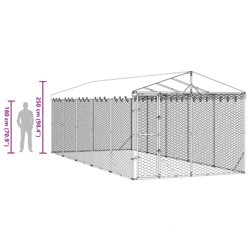 Kojec dla psa, z dachem, srebrny, 3x7,5x2,5 m, stal