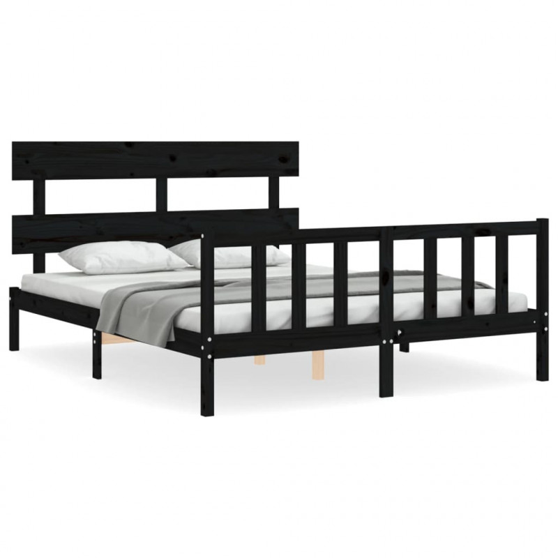 Rama łóżka z wezgłowiem, czarna, King Size, lite drewno