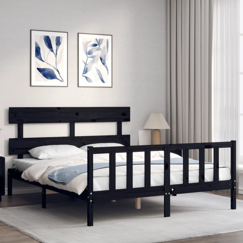 Rama łóżka z wezgłowiem, czarna, King Size, lite drewno