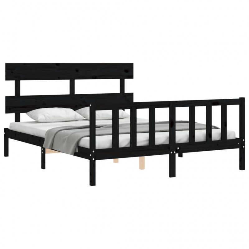 Rama łóżka z wezgłowiem, czarna, King Size, lite drewno
