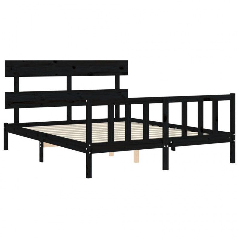 Rama łóżka z wezgłowiem, czarna, King Size, lite drewno
