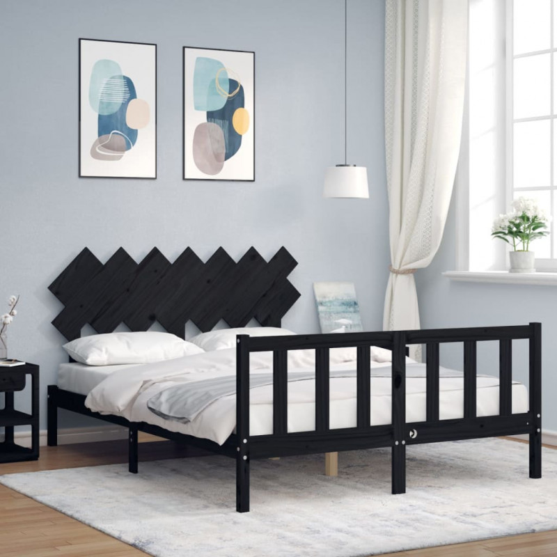 Rama łóżka z wezgłowiem, czarna, King Size, lite drewno